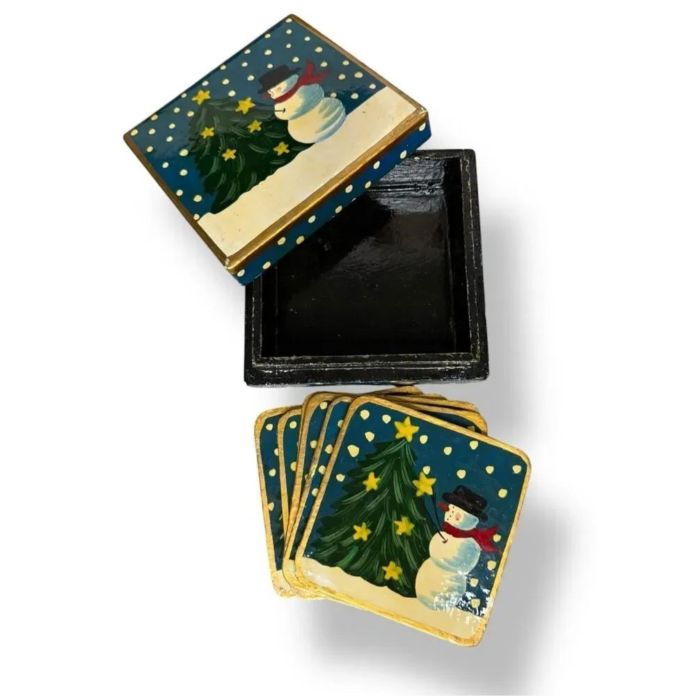 Vintage Snowman Wood Coasters Set of 6 Christmas‎ Drink Coasters in Box 80s